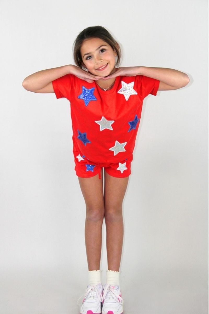 Paper Flower Girls Shirts Paper Flower Girls White & Blue Sequins Stars Shirt