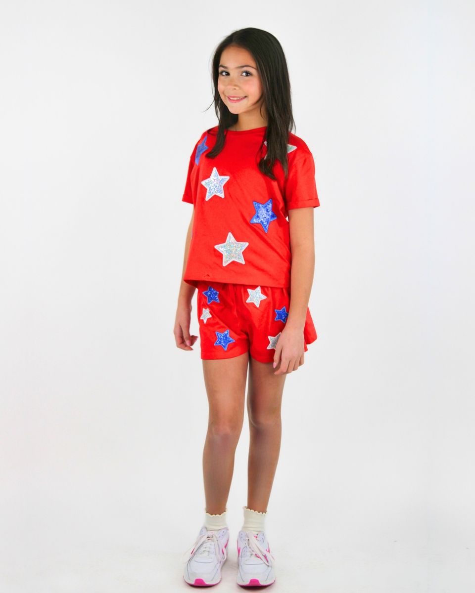 Paper Flower Girls Shirts Paper Flower Girls White & Blue Sequins Stars Shirt