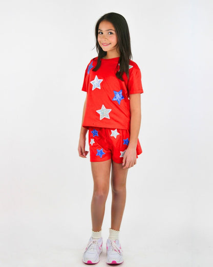 Paper Flower Girls Shirts Paper Flower Girls White & Blue Sequins Stars Shirt