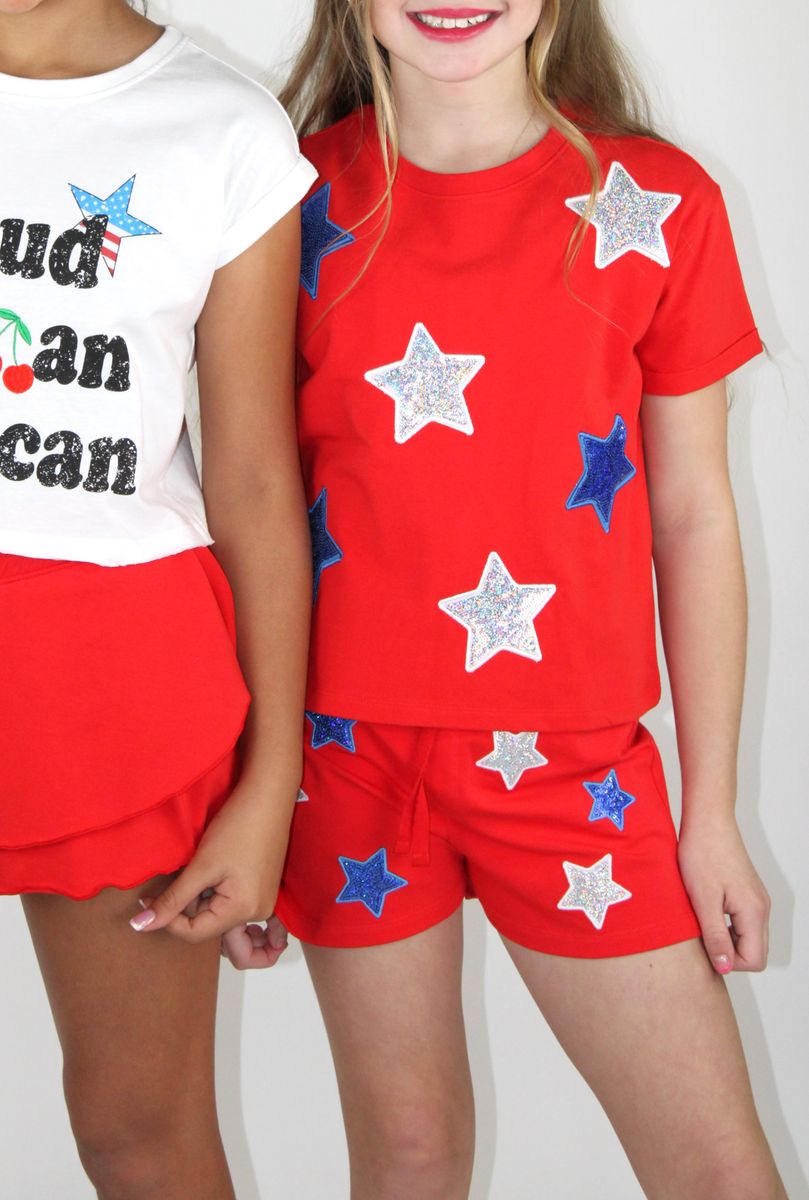 Paper Flower Girls Shorts Paper Flower Girls White & Blue Sequins Stars Short