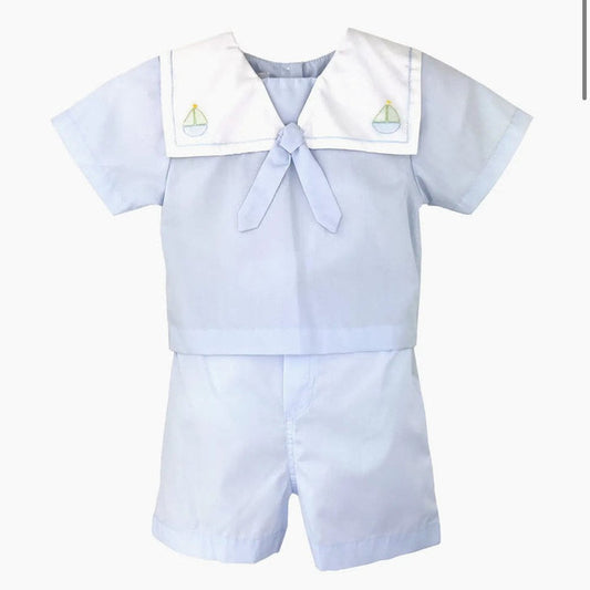 Petit Ami Boys Boat Shadow Stitched Short Set