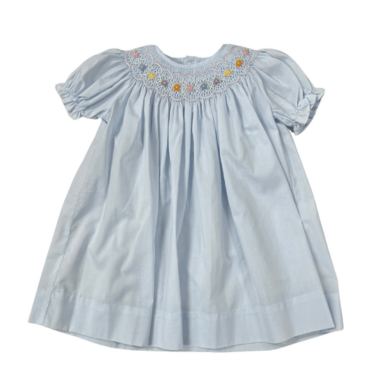 Petit Ami Girls Apparel / Dresses / Infant Blue / 3 Mo Petit Ami Smocked Bishop with Pastel Floral Bullion