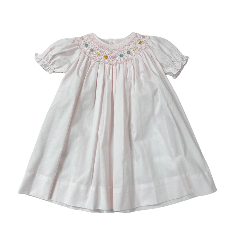 Petit Ami Girls Apparel / Dresses / Infant Pink / 3 Mo Petit Ami Smocked Bishop with Pastel Floral Bullion