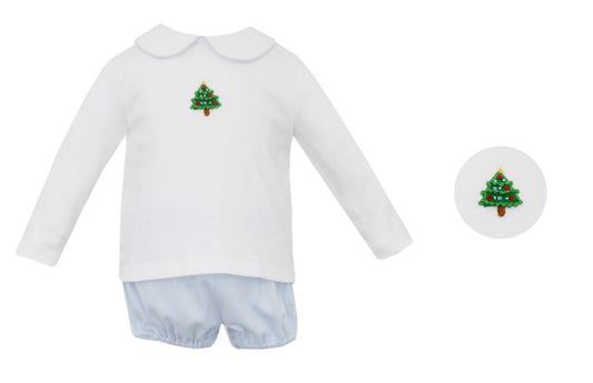 Petit Bebe Christmas Tree Blue Knit Bloomer Set
