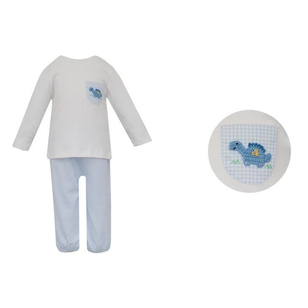 Petit Bebe Apparel & Gifts Blue / 12 Mo Petit Bebe Dinosaur Blue Gingham Pant Set