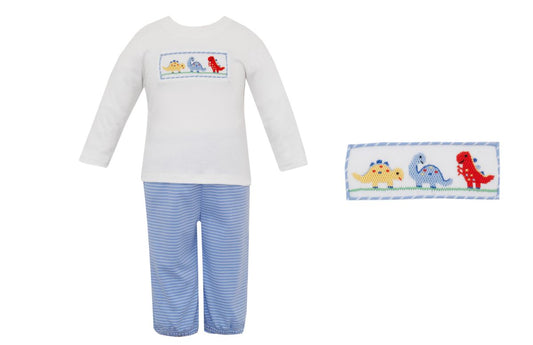 Petit Bebe Dinosaurs Blue Knit Stripe Pant Set