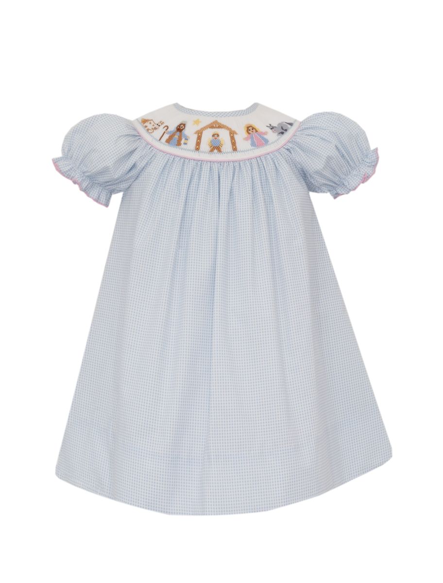 Petit Bebe Infant Girl Blue Check / 3 Mo Petit Bebe Girls Nativity Short Sleeve Bishop