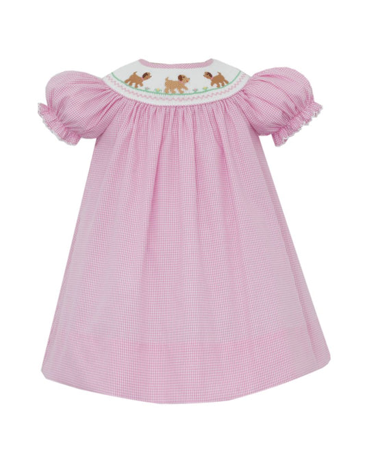 Petit BebePetit Bebe Girls Puppies Pink Check BishopBabysupermarket