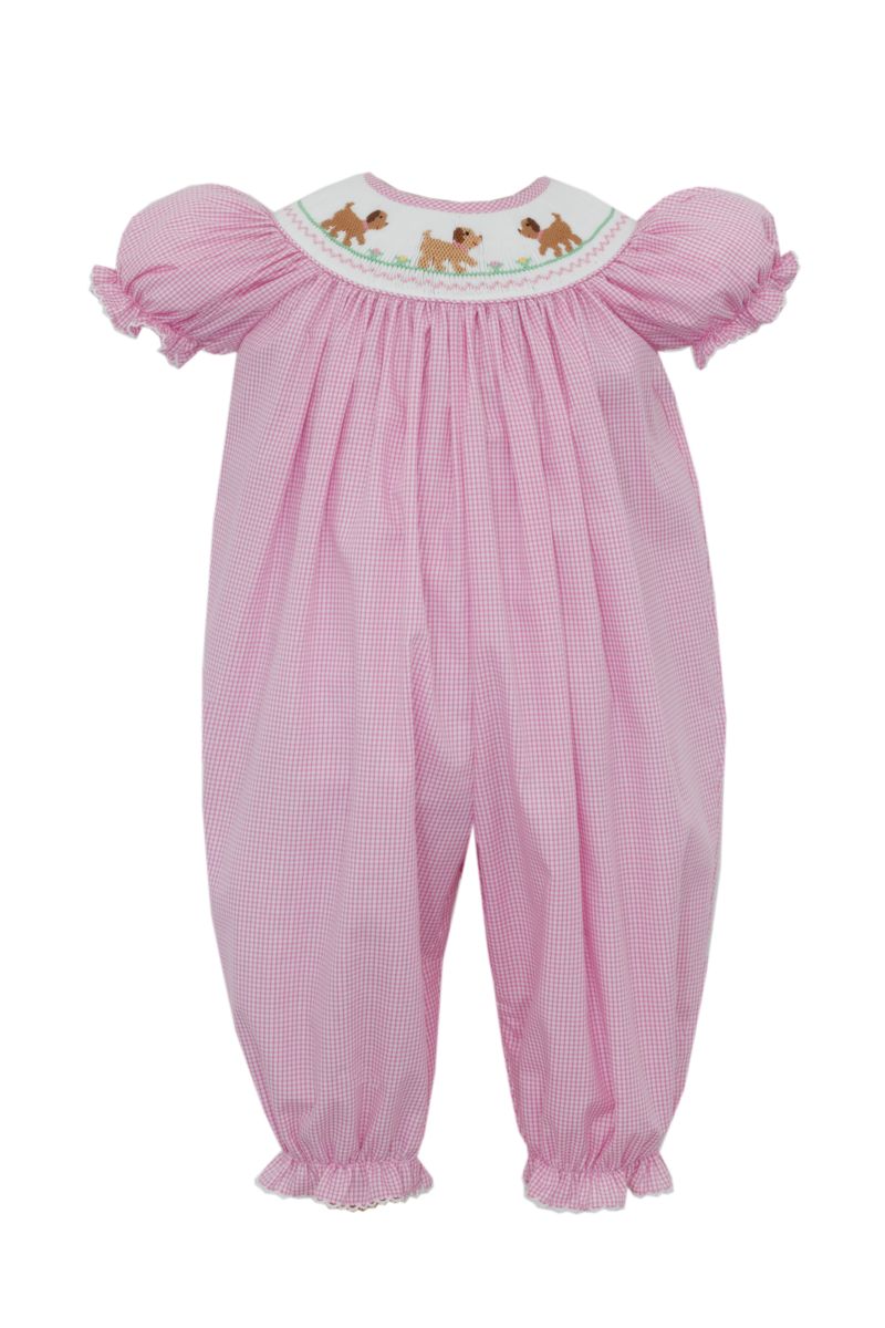 Petit Bebe Infant Girl Pink Check / 3 Mo Petit Bebe Girls Puppies Pink Check Long Bishop Bubble