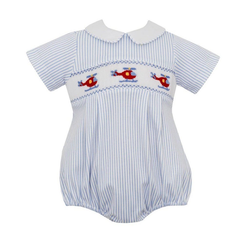 Petit Bebe Helicopter Blue Stripe Knit Bubble Romper