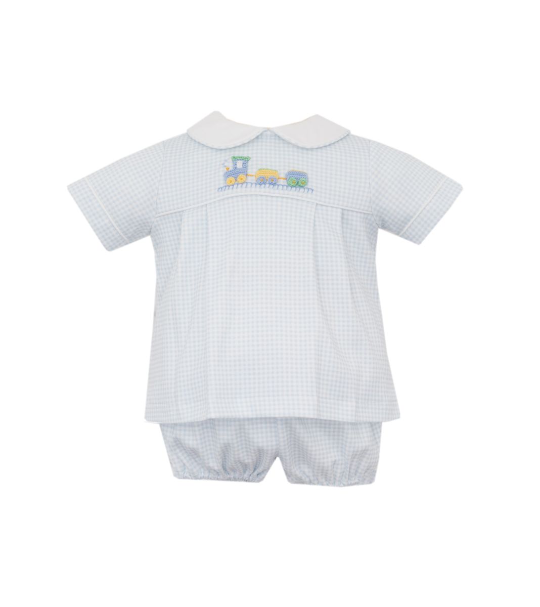 Petit Bebe Train Light Blue Gingham Knit Diaper Set