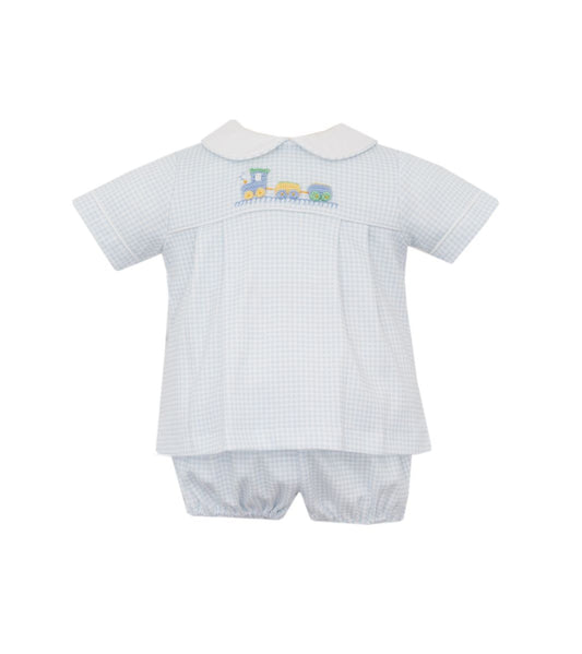 Petit Bebe Train Light Blue Gingham Knit Diaper Set