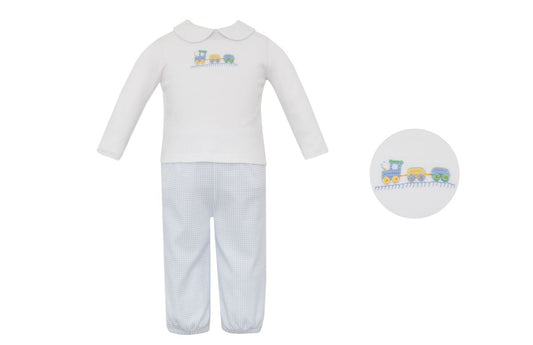 Petit Bebe Train Light Blue Gingham Knit Pant Set