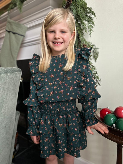 Pleat Girls Shirts Pleat Charlie Dress - Evergreen Vintage Floral