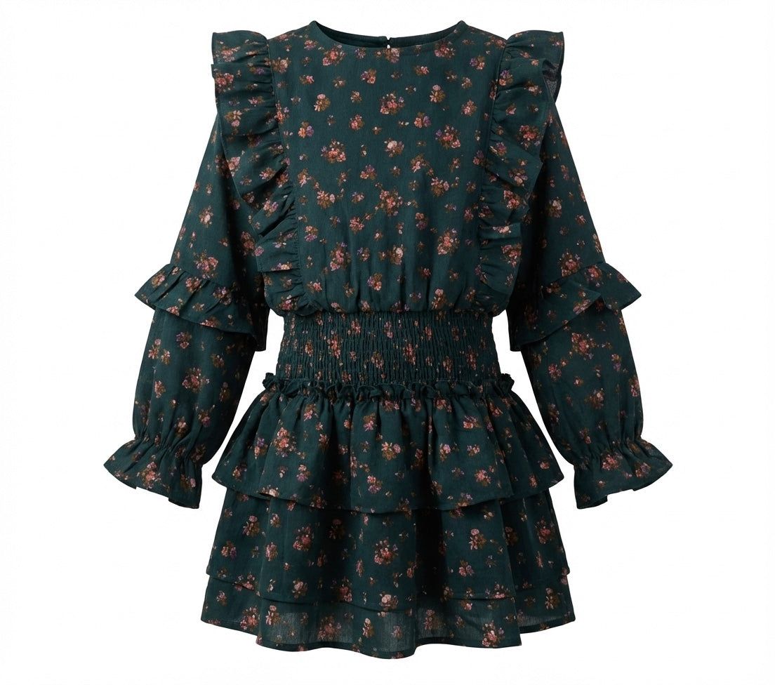 Pleat Girls Shirts Evergreen / 7 Pleat Charlie Dress - Evergreen Vintage Floral