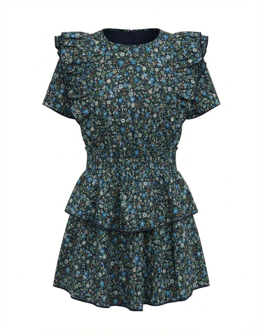 Pleat Girls Dresses Navy Blooms / 7 Pleat Collier Dress - Navy Blooms