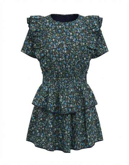 Pleat Girls Dresses Navy Blooms / 7 Pleat Collier Dress - Navy Blooms
