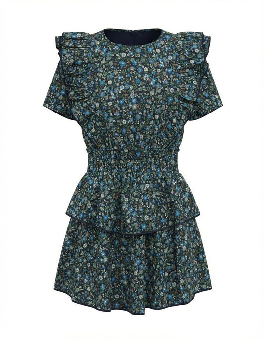 Pleat Girls Dresses Navy Blooms / 7 Pleat Collier Dress - Navy Blooms