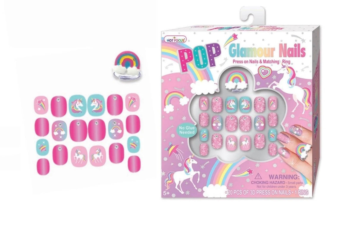 Hot Focus POP Glamour Unicorn Press on Nails + Ring