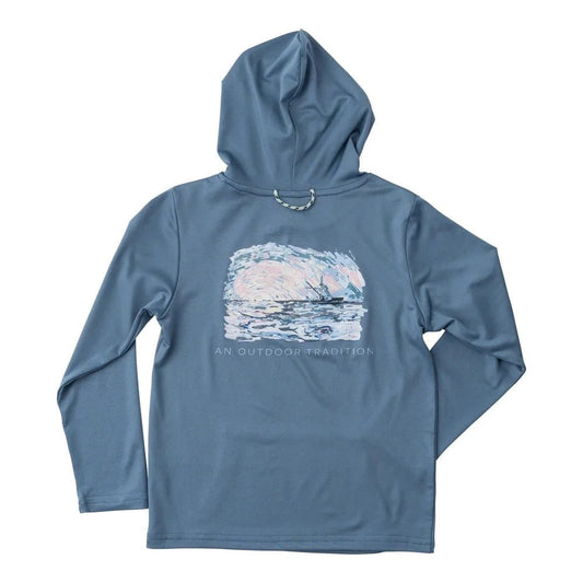 Prodoh Toddler Bluefin / 2 Toddler PRODOH Kid's Pro Performance Hoodie Fishing T-shirt in Bluefin Blue with a Sportfisher Sunset