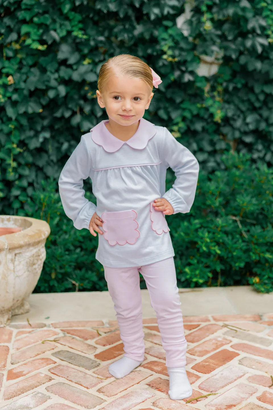 Proper Peony Girl Play Sets Proper Peony Long Sleeve Scallop Pocket Tunic Set - Blue Stripe