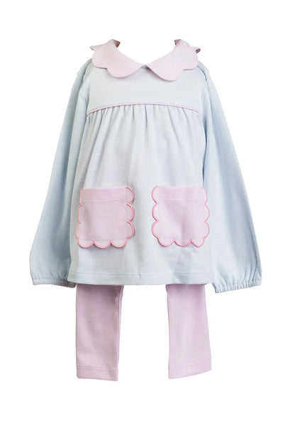 Proper Peony Girl Play Sets Blue Stripe / 12 Mo Proper Peony Long Sleeve Scallop Pocket Tunic Set - Blue Stripe