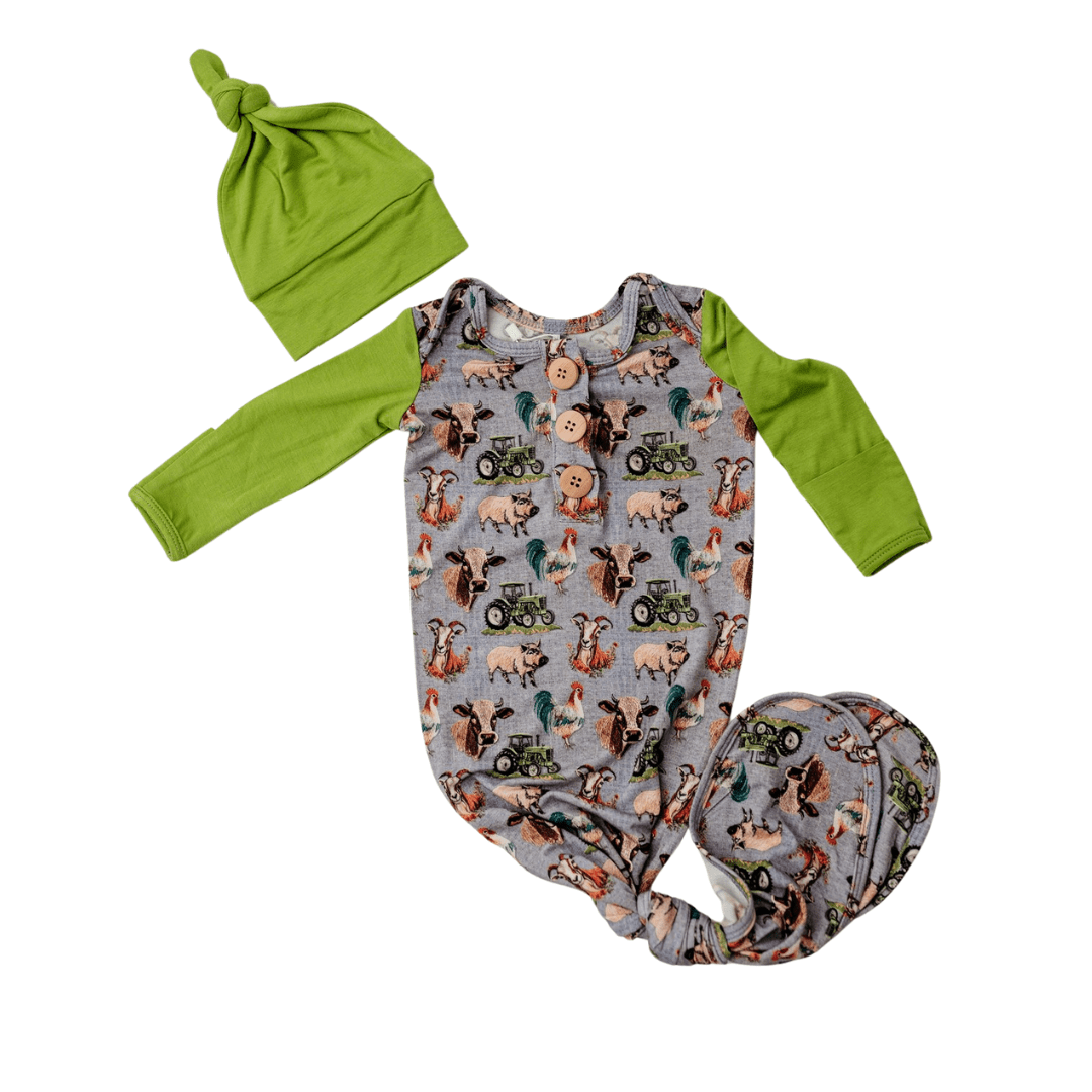 Rockin Royalty Baby Down on the Farm / Newborn Rockin Royalty Down on the Farm Knot Gown & Hat Set