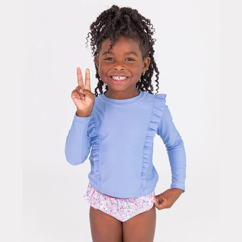 Ruffle Butts Apparel & Gifts RuffleButts Sparkle Shimmer On Long Sleeve Princess Seam Ruffle Rash Guard 2-Piece Swimsuit