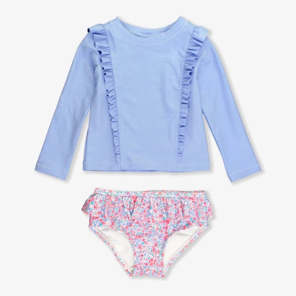 Ruffle Butts Apparel & Gifts RuffleButts Sparkle Shimmer On Long Sleeve Princess Seam Ruffle Rash Guard 2-Piece Swimsuit