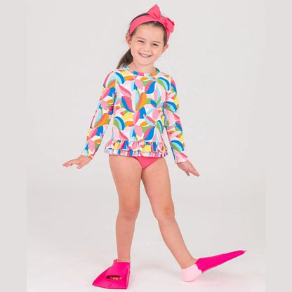 RuffleButts Tropical Adventure Long Sleeve Ruffle Hem Rash Guard 2-Piece Swimsuit