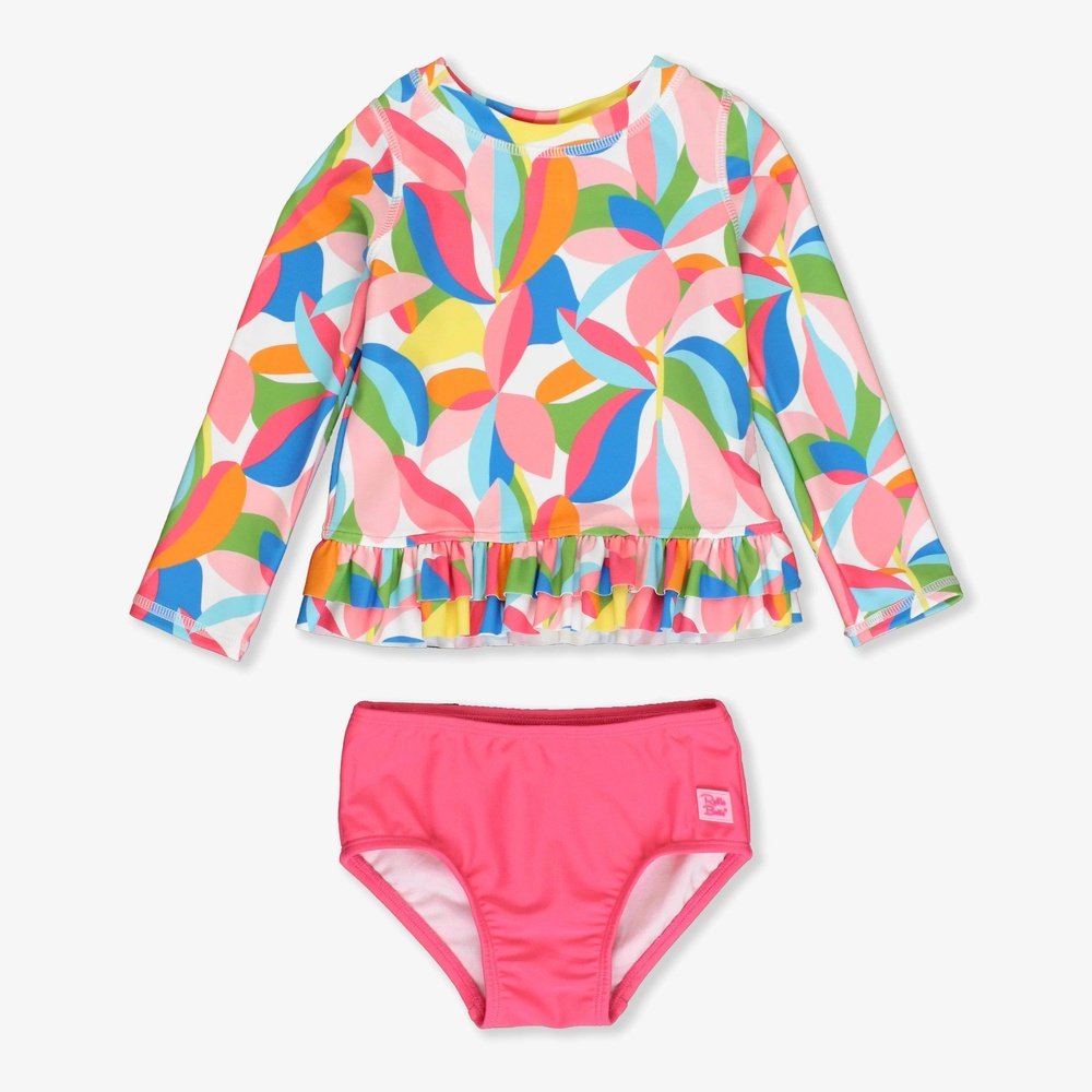 Ruffle Butts General RuffleButts Tropical Adventure Long Sleeve Ruffle Hem Rash Guard 2-Piece Swimsuit