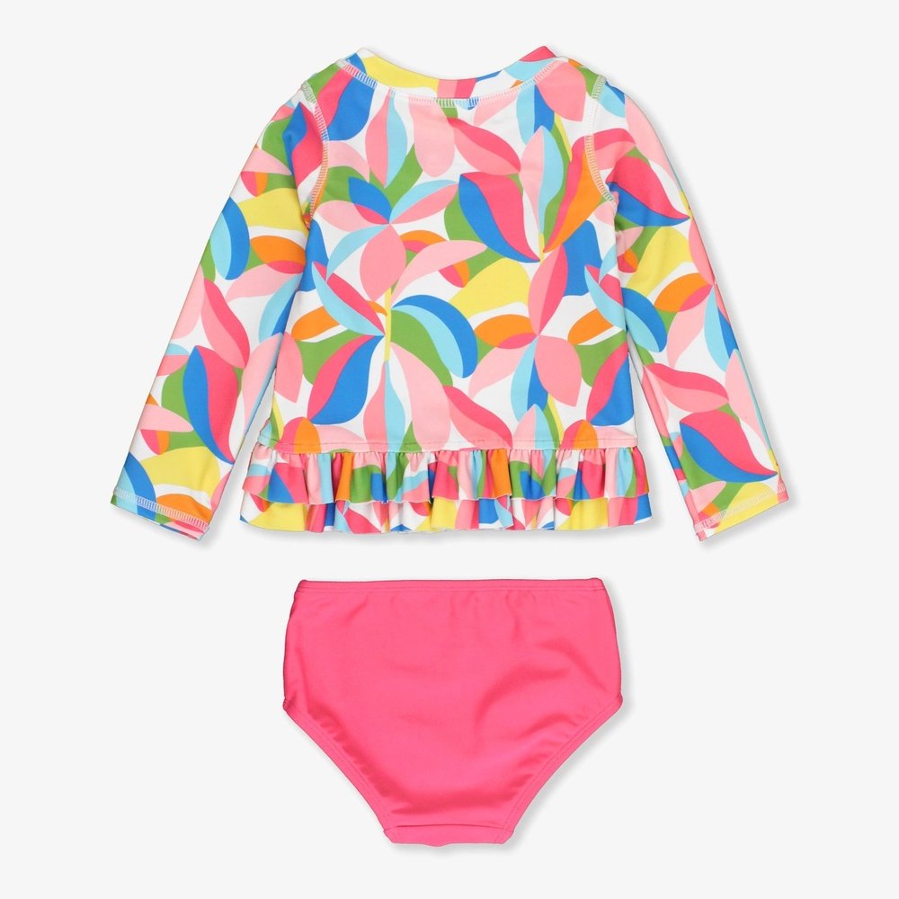 RuffleButts Tropical Adventure Long Sleeve Ruffle Hem Rash Guard 2-Piece Swimsuit