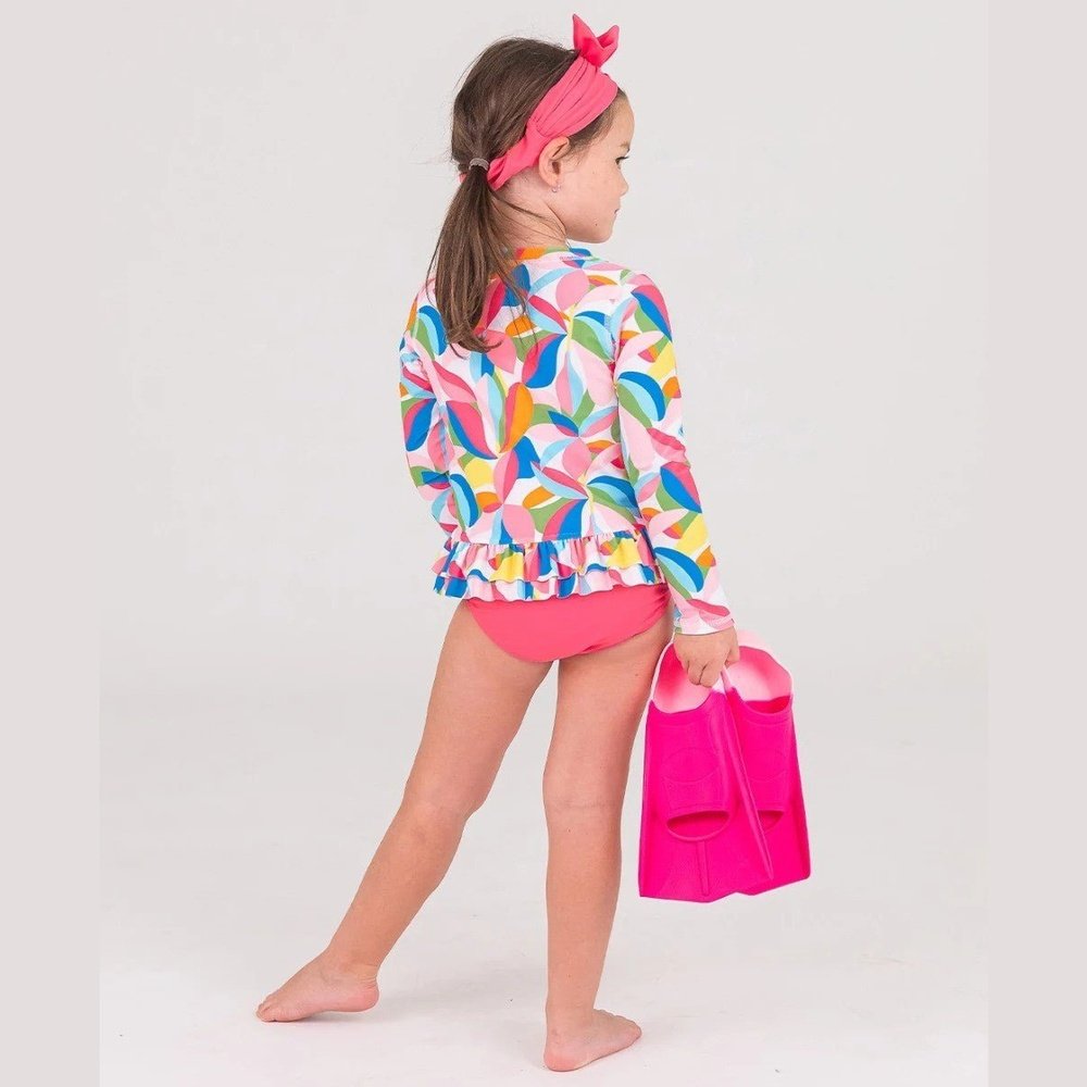 RuffleButts Tropical Adventure Long Sleeve Ruffle Hem Rash Guard 2-Piece Swimsuit