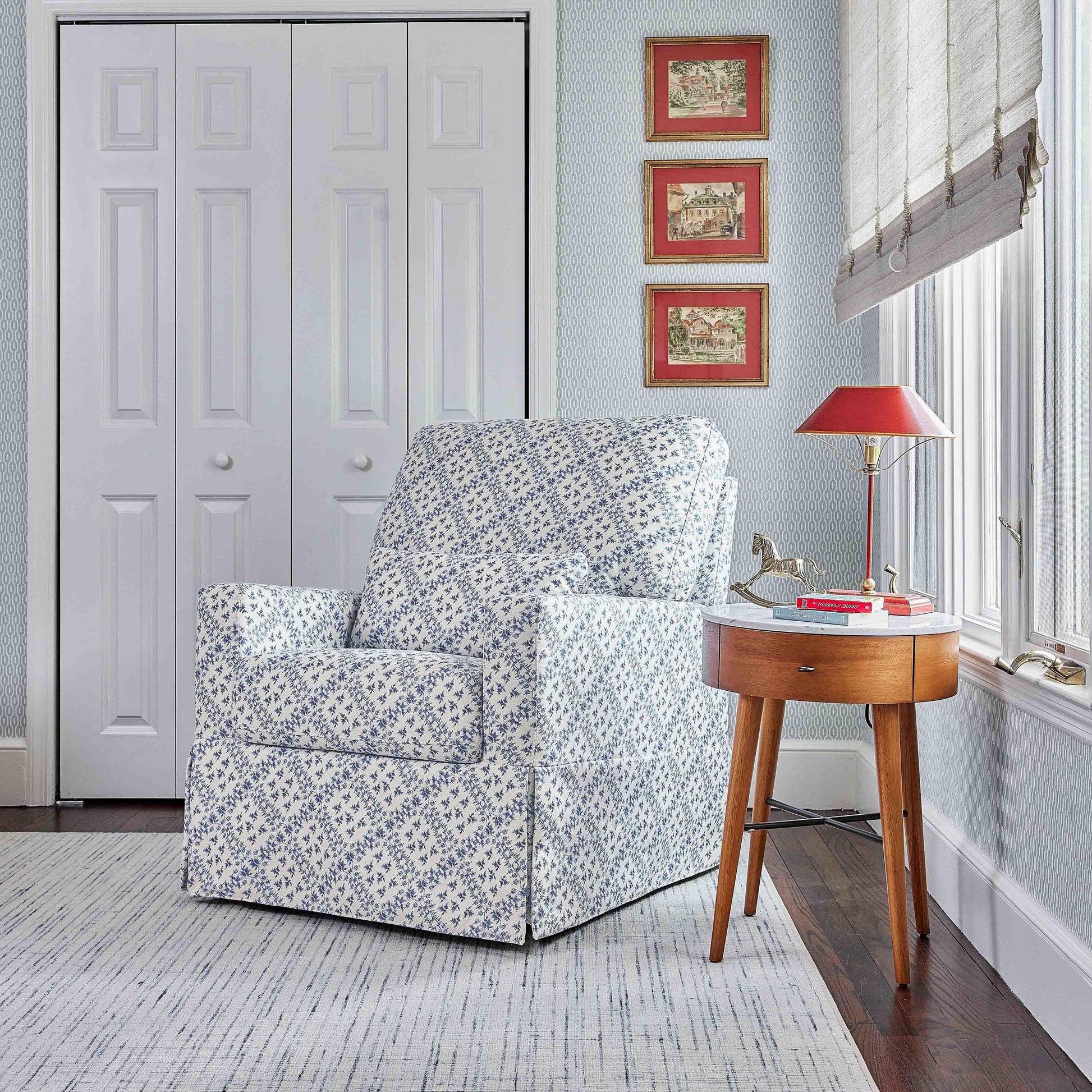 Namesake Gliders & Rockers Blue Lattice Performance Eco-Weave Sarah Flint x Namesake Crawford Swivel Glider in Eco-Performance Fabric | Water Repellent & Stain Resistant