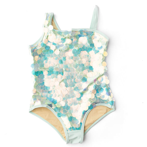 Shade Critters Mint Shells Girls Flip Sequin One Shoulder One Piece Swimsuit
