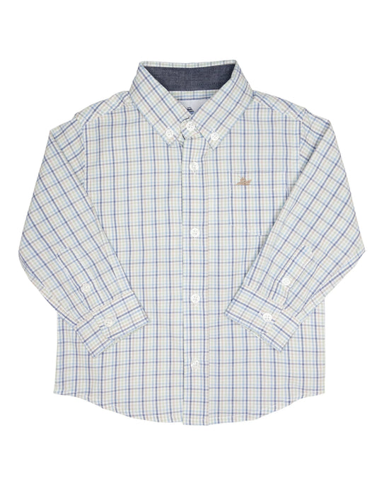 Southbound Boys Long Sleeve Dress Shirt - Khaki/Green/Blue Windowpane Check