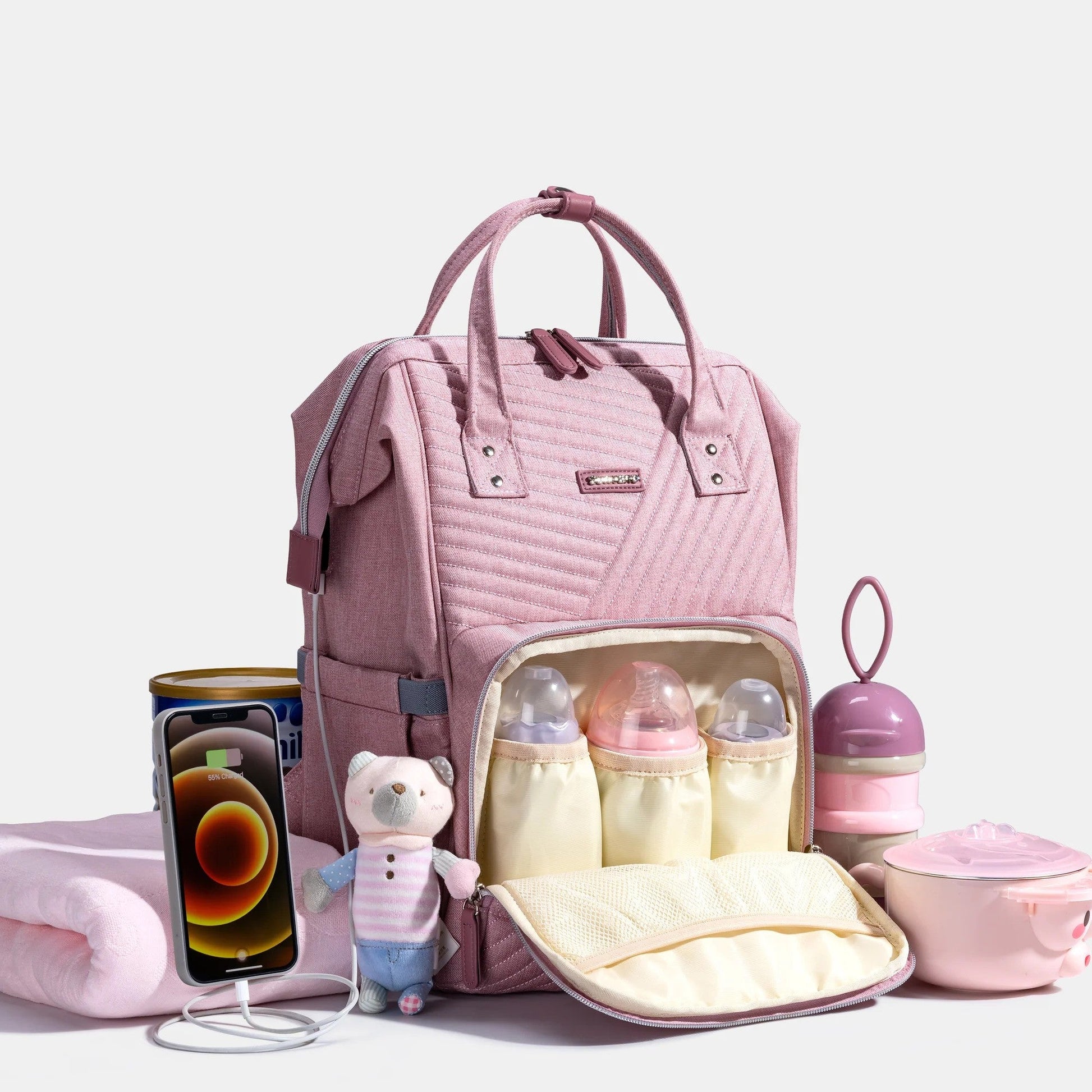 Sunveno Quilted Diaper Bag Backpack Pink