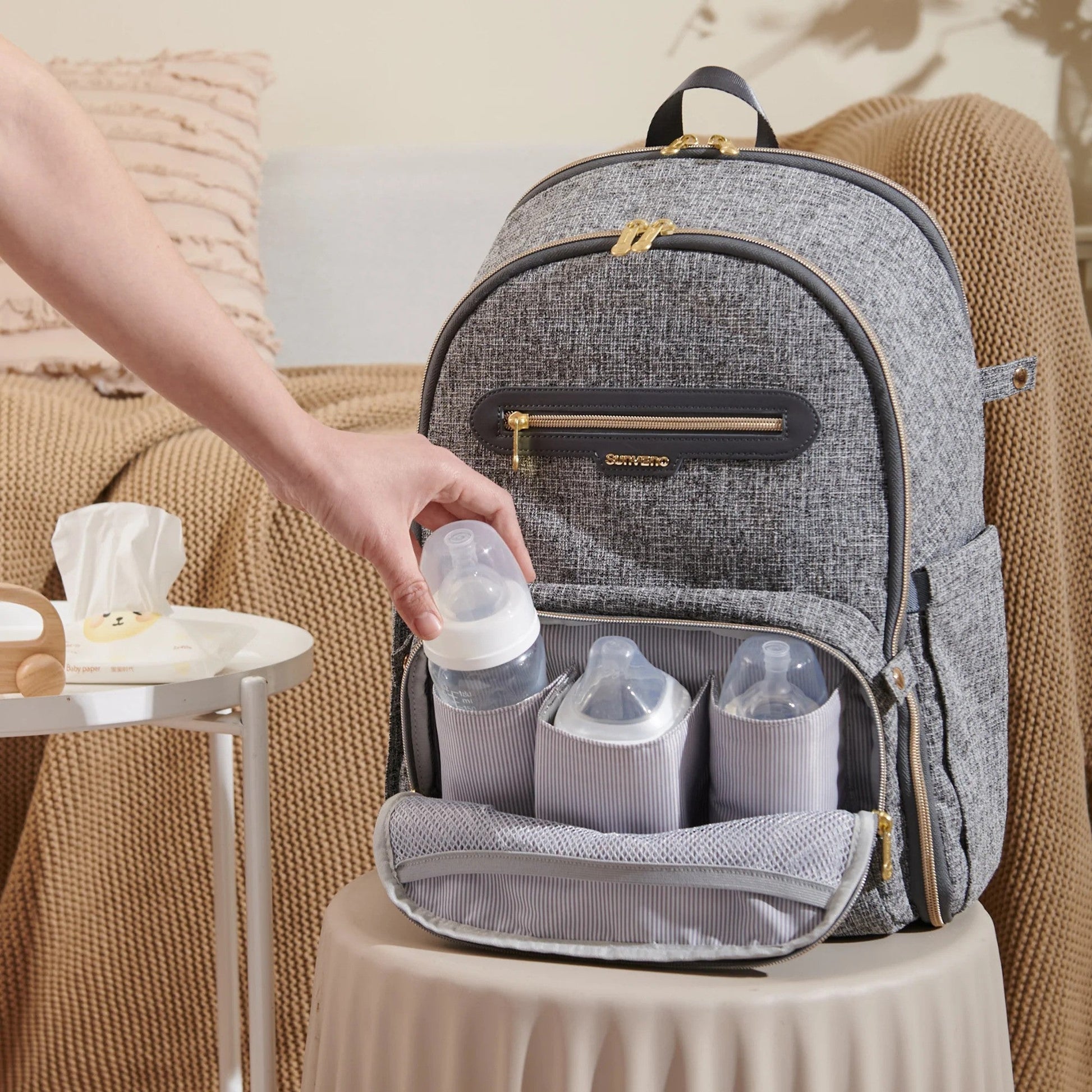 Sunveno Diaper Bags Sunveno Tweed Luxe Foldable Diaper Bag Backpack Grey