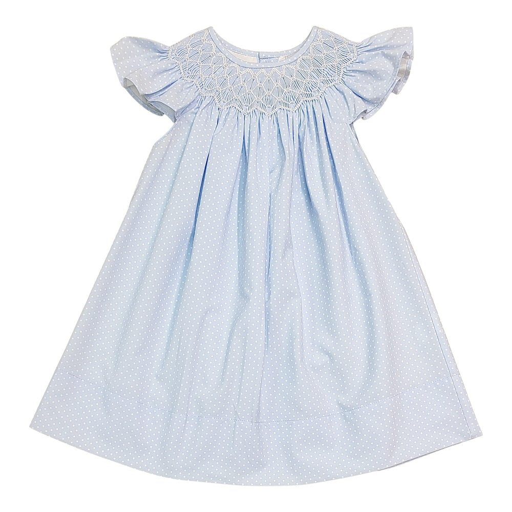 Sweet Dreams Cathy Pearl Blue Polka Dot Smocked Dress