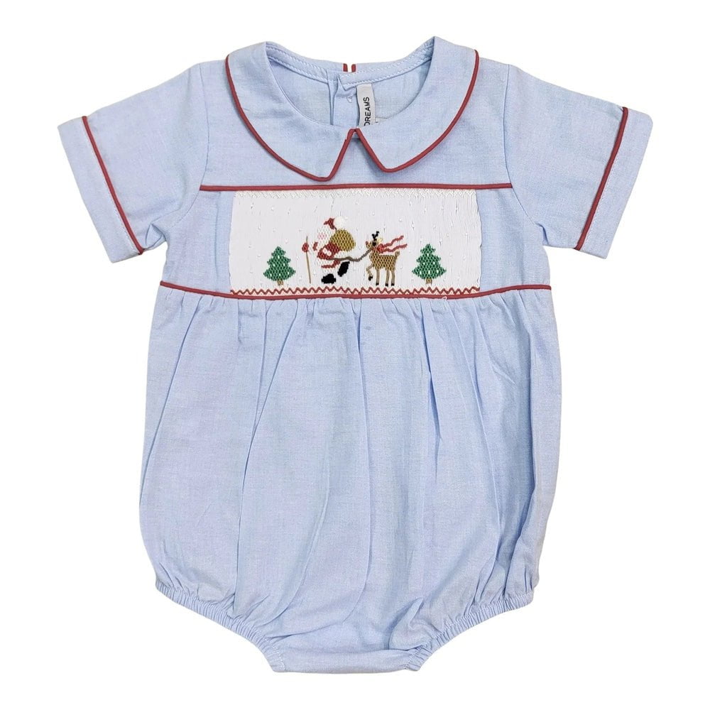 Sweet Dreams Boys Apparel / Outfits / Infant Chambray / 3 Mo Sweet Dreams Santa's Coming Blue Chambray Smocked Bubble