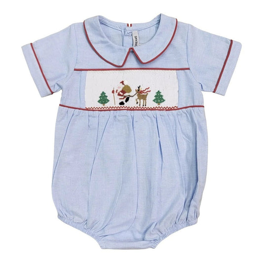 Sweet Dreams Boys Apparel / Outfits / Infant Chambray / 3 Mo Sweet Dreams Santa's Coming Blue Chambray Smocked Bubble