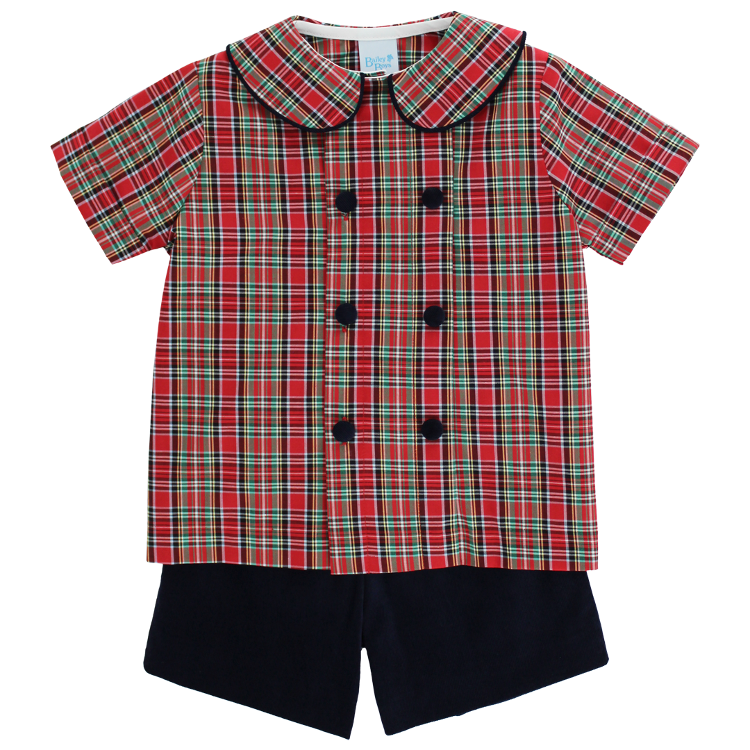 Bailey Boys Tartan Plaid with Navy Cord Dressy Short Set