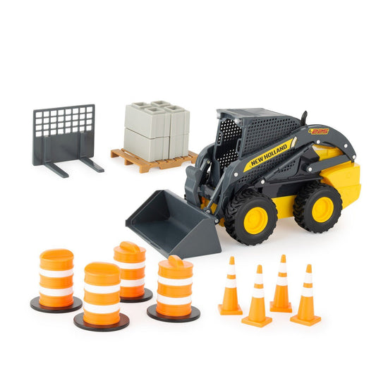Tomy Building and Construction Tomy New Holland Construction 1:16 Scale Skid Steer Toy Set with Barrels, Cones and Blocks