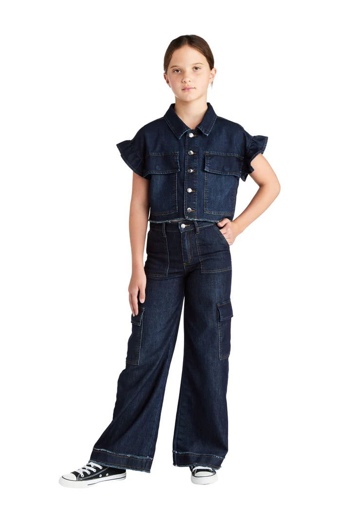 TractrTractr Girls Ruffle Sleeve Crop Top - Dark IndigoBabysupermarket