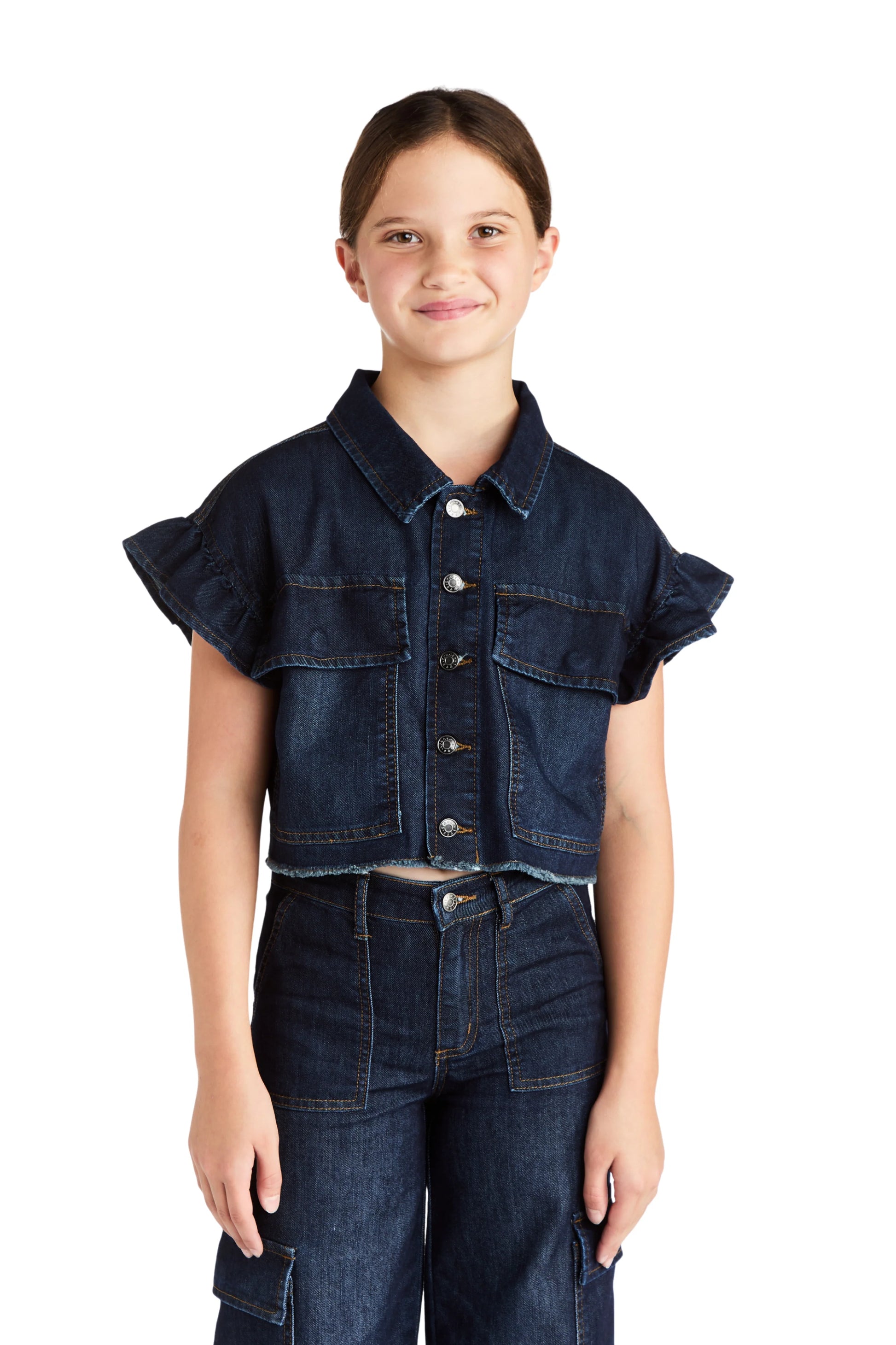 TractrTractr Girls Ruffle Sleeve Crop Top - Dark IndigoBabysupermarket