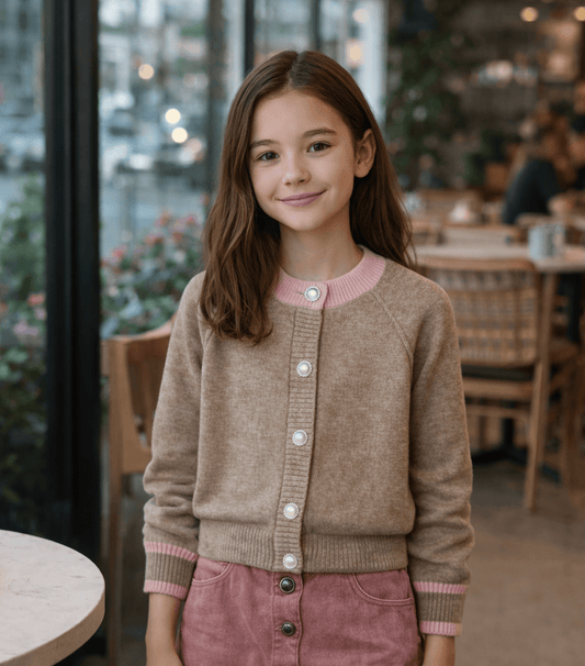 Tweenstyle Girls Sweaters Tan/Pink / 7 Tweenstyle Tan & Pink Button Front Cardigan with Stripes