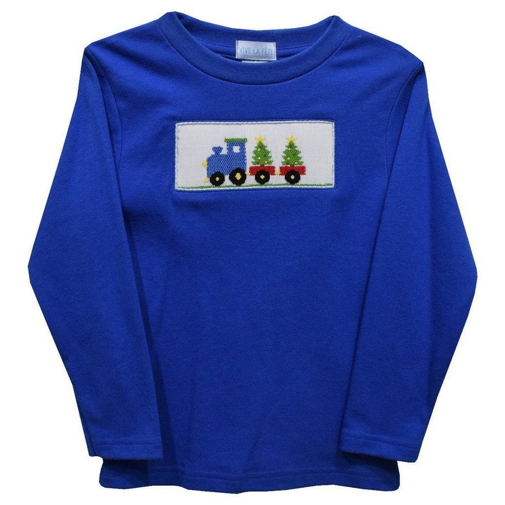 Vive La Fete Christmas Train Smocked Royal Knit Long Sleeve Boys T-Shirt