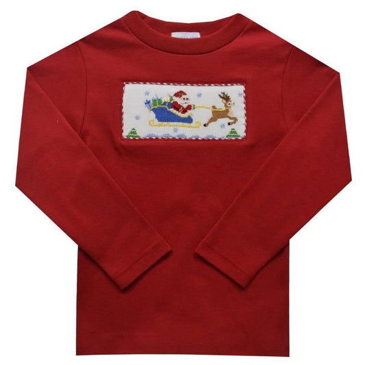 Vive La Fete Santa Sleigh Smocked Red Knit Long Sleeve Boys T-Shirt