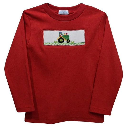 Vive La Fete Tractor Smocked Red Knit Long Sleeve Boys T-Shirt