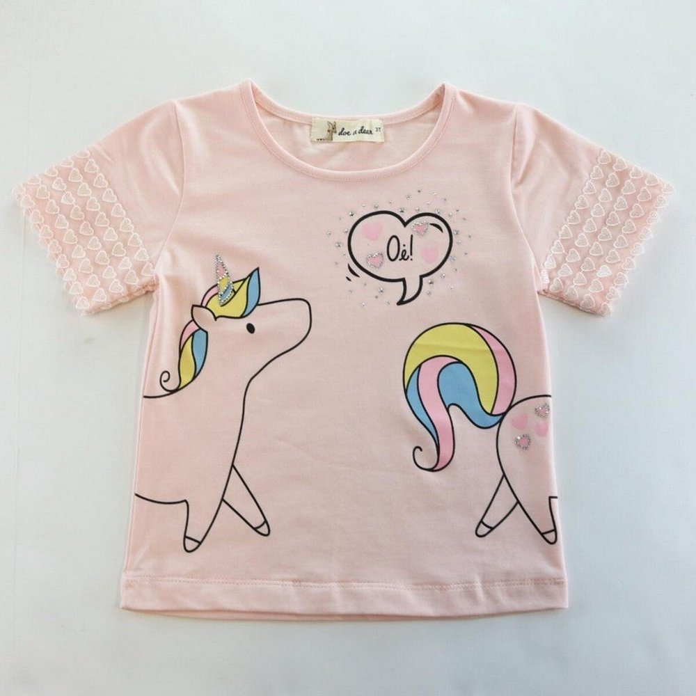 Doe a Dear Rhinestone Unicorn T-Shirt with Mini Heart Embroidered Sleeves